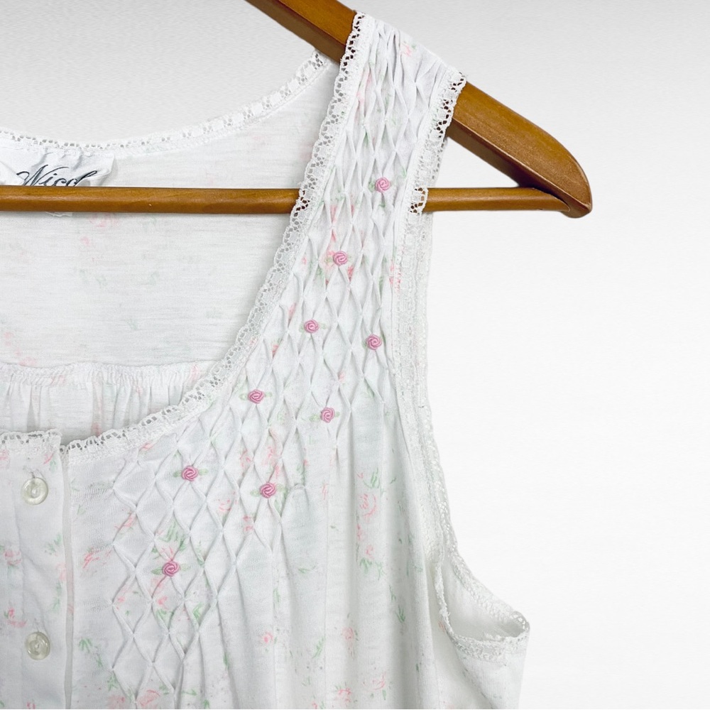 VINTAGE | Nicole White Pink Ditsy Florals Sleeveless Lace Ruffled Lounge Dress - Picture 4 of 10
